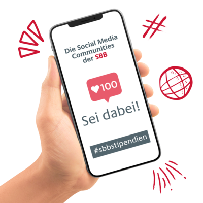 eine Hand hält ein Smartphone und auf dem Bildschirm steht "Social Media Communities der SBB - Sei dabei!"