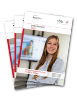 Drei Exemplare des des Jahresberichts 2025 auf weißem Hintergrund.