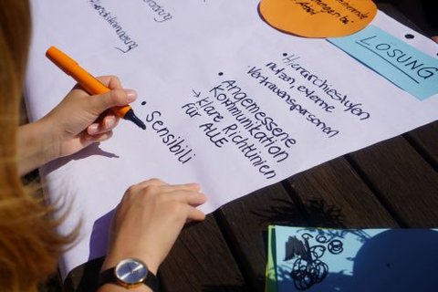 Auf dem Foto sieht man zwei Hände einer Teilnehmerin, die etwas auf ein Plakat auf einem Tisch schreibt.